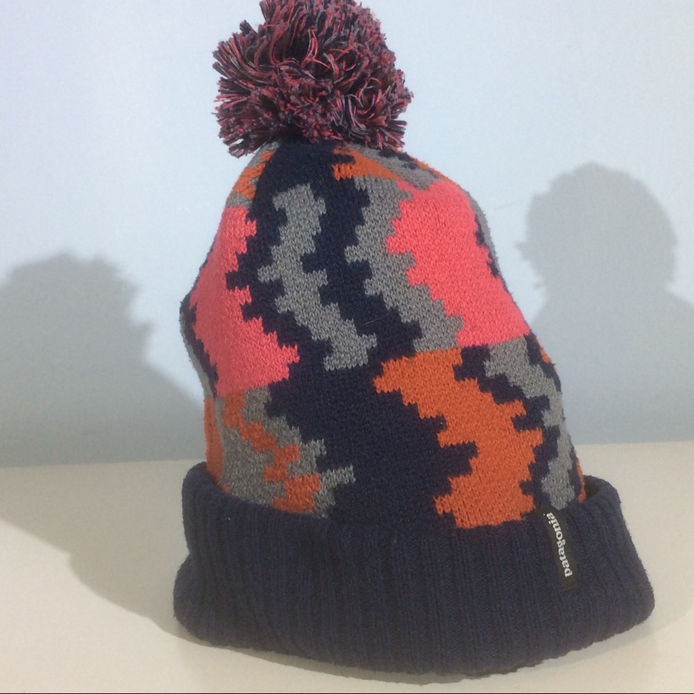 Patagonia Blue Knit Pom Pom Hat Winter Grey Pink